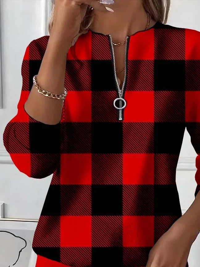 Women Plaid Crew Neck Printing Casual Spring/Fall Long Sleeve Sweatshirt