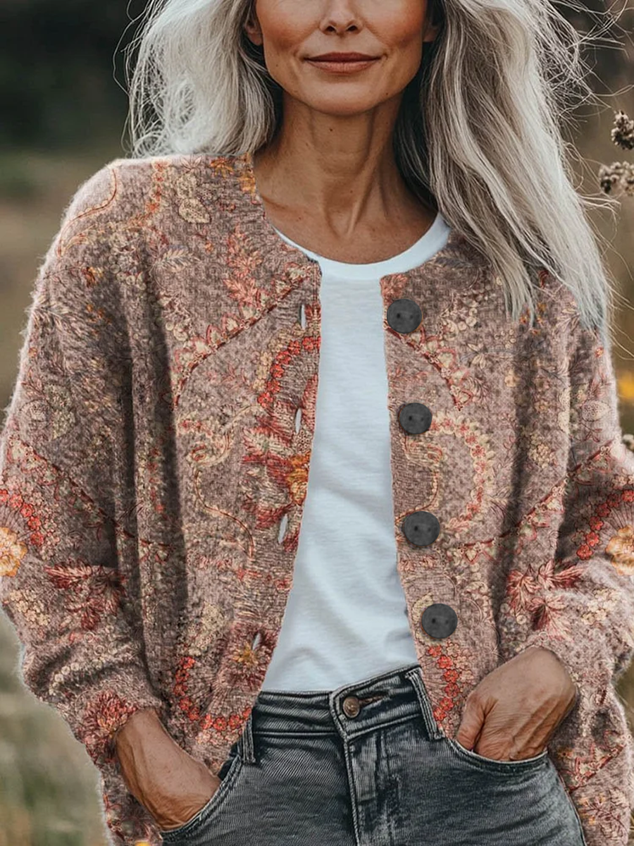 Women Floral Printing Long Sleeve Crew Neck Vintage Spring/Fall Cardigan Outerwear