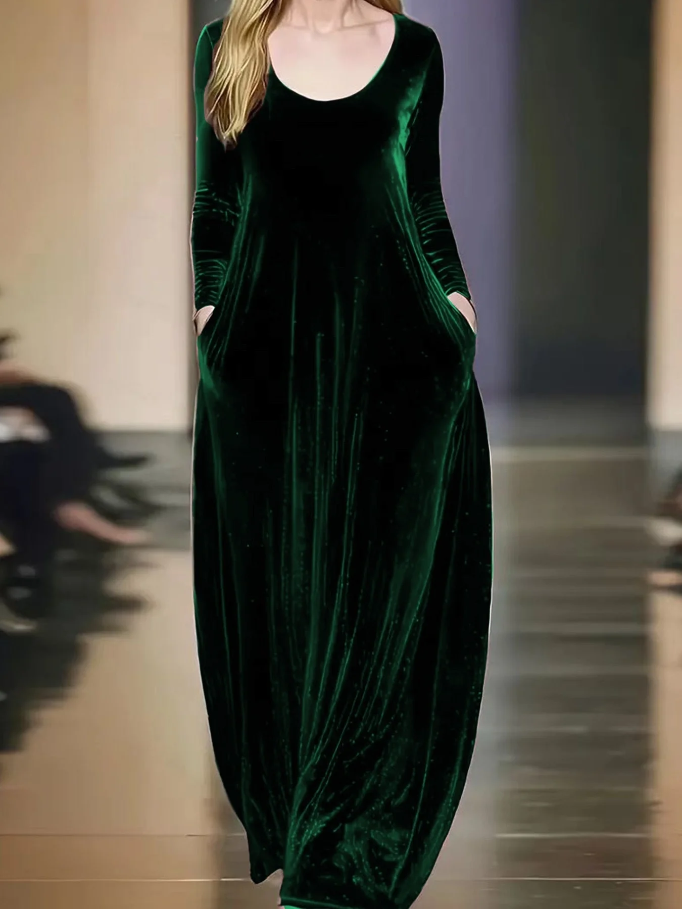 Women Plain Long Sleeve Spring/Fall Split Joint Dress Crew Neck Daily Vintage Maxi Velvet A-Line Dress