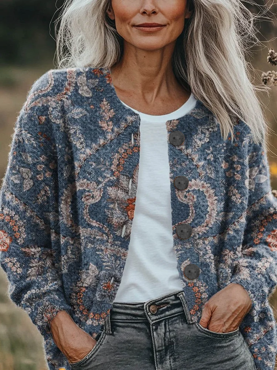 Women Floral Printing Long Sleeve Crew Neck Vintage Spring/Fall Cardigan Outerwear