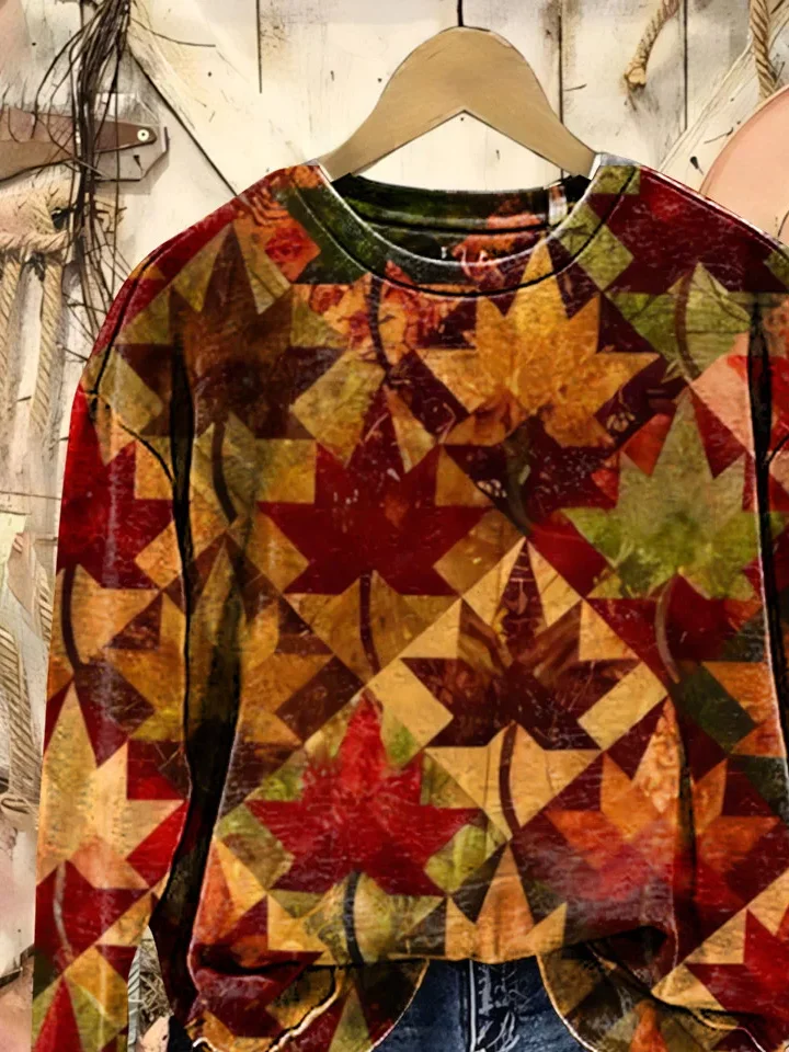 Women Maple Leaf Crew Neck Printing Casual Spring/Fall Long Sleeve Sweatshirt