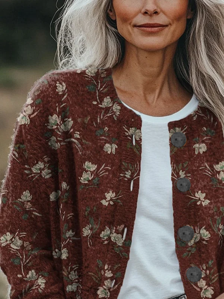 Women Floral Printing Long Sleeve Crew Neck Vintage Spring/Fall Cardigan Outerwear