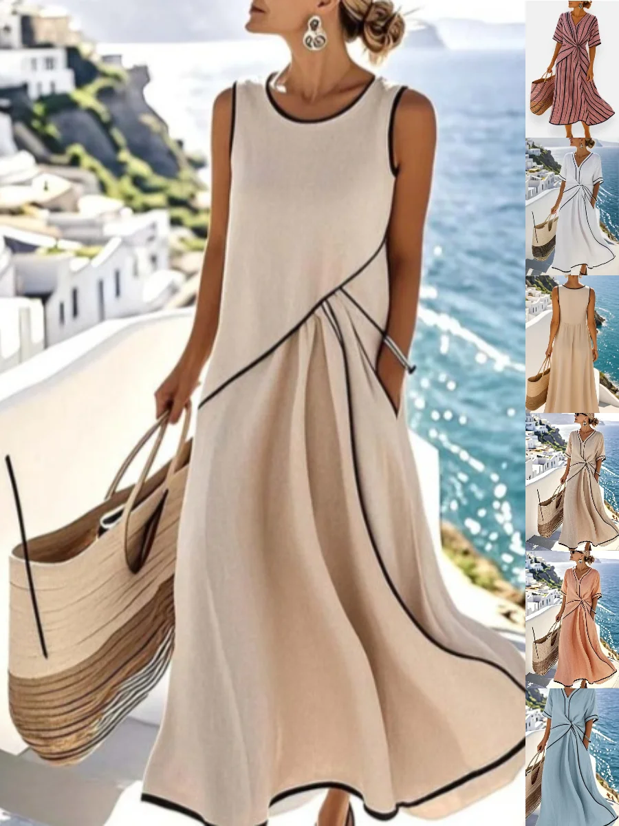 Women Striped Short Sleeve Summer Split Joint Dress V Neck Daily Vintage Maxi Tank A-Line Dress