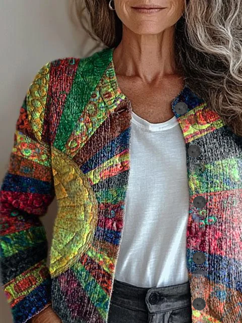 Women Abstract Printing Long Sleeve Crew Neck Vintage Spring/Fall Cardigan Outerwear