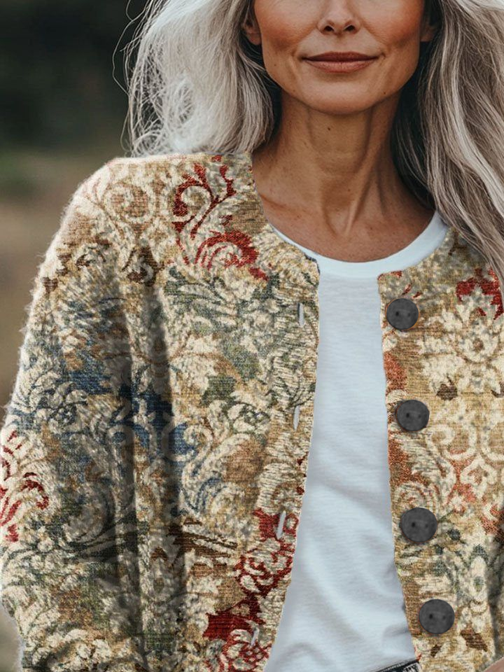 Women Floral Printing Long Sleeve Crew Neck Vintage Spring/Fall Cardigan Outerwear