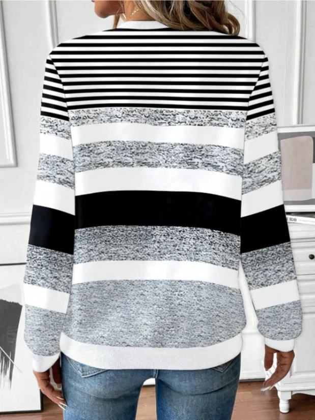 Women Striped Crew Neck Printing Casual Spring/Fall Long Sleeve Sweatshirt