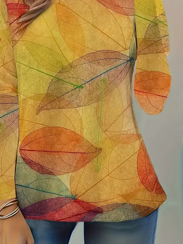 Women Leaf Long Sleeve Tee T-shirt Crew Neck Casual Spring/Fall Tunic Top