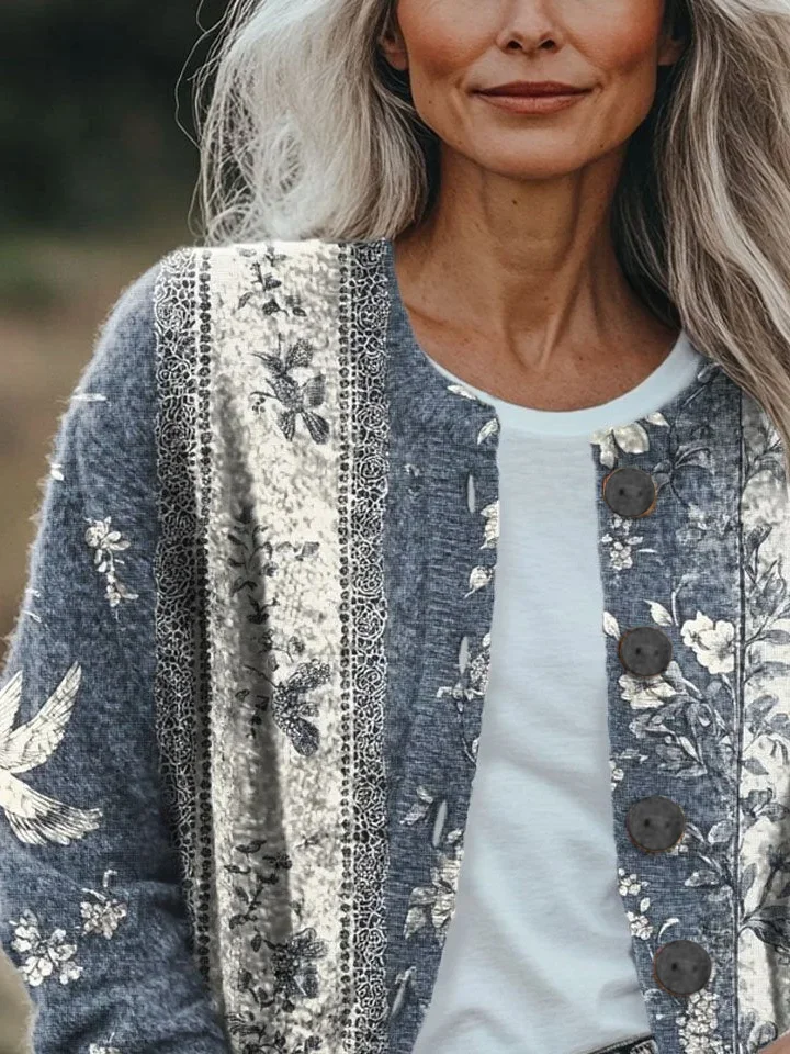 Women Floral Printing Long Sleeve Crew Neck Vintage Spring/Fall Cardigan Outerwear