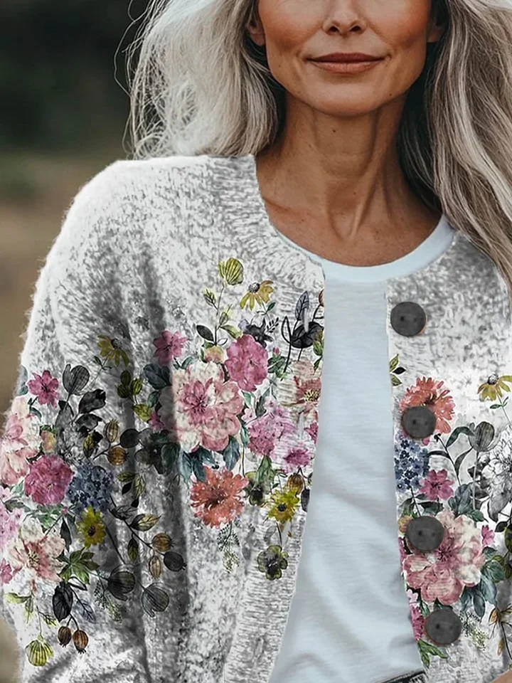 Women Floral Printing Long Sleeve Crew Neck Vintage Spring/Fall Cardigan Outerwear