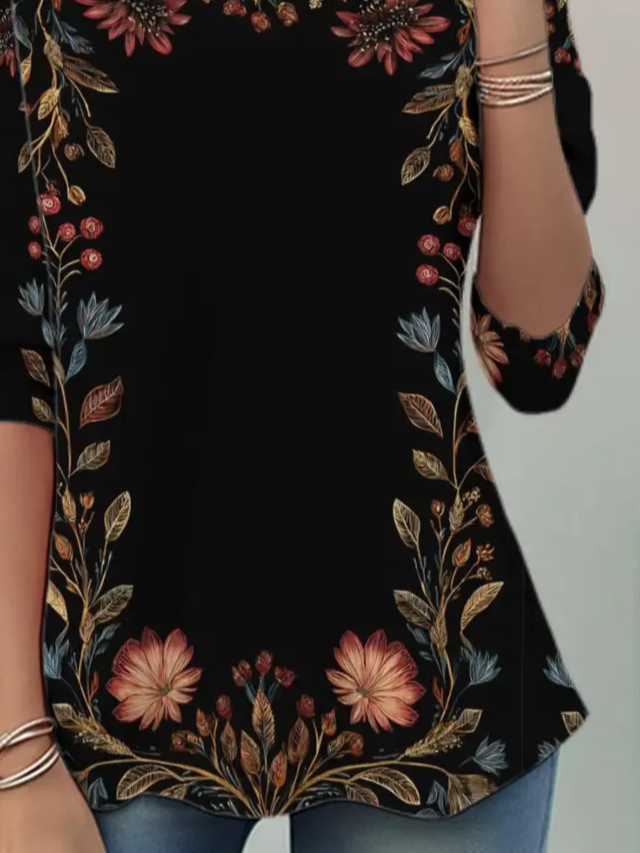 Women Floral Long Sleeve Tee T-shirt Crew Neck Casual Spring/Fall Tunic Top