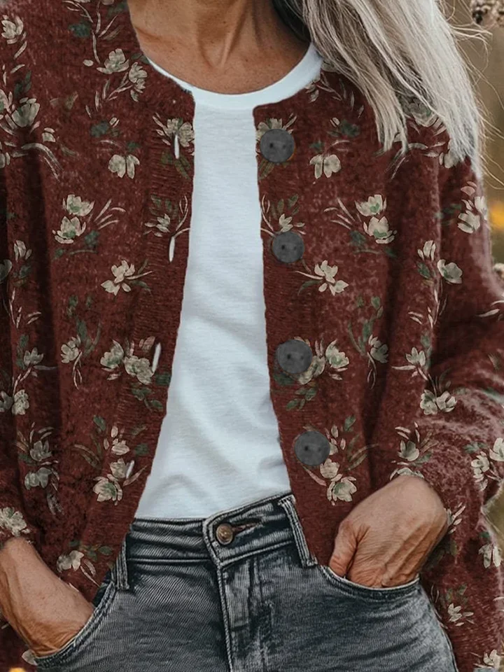 Women Floral Printing Long Sleeve Crew Neck Vintage Spring/Fall Cardigan Outerwear