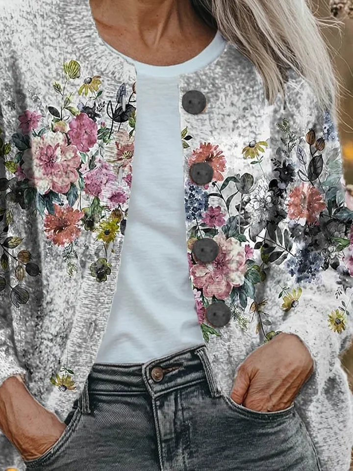 Women Floral Printing Long Sleeve Crew Neck Vintage Spring/Fall Cardigan Outerwear