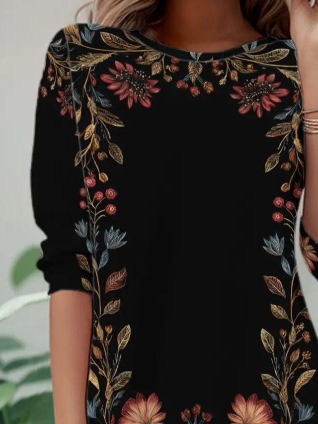 Women Floral Long Sleeve Tee T-shirt Crew Neck Casual Spring/Fall Tunic Top