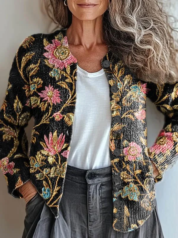 Women Floral Printing Long Sleeve Crew Neck Vintage Spring/Fall Cardigan Outerwear