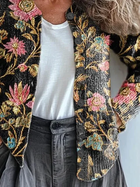 Women Floral Printing Long Sleeve Crew Neck Vintage Spring/Fall Cardigan Outerwear