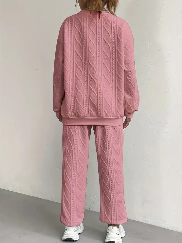 Women Plain Embossed Two-Piece Set Daily Long Sleeve Casual Spring/Fall Top With Pants Matching Set