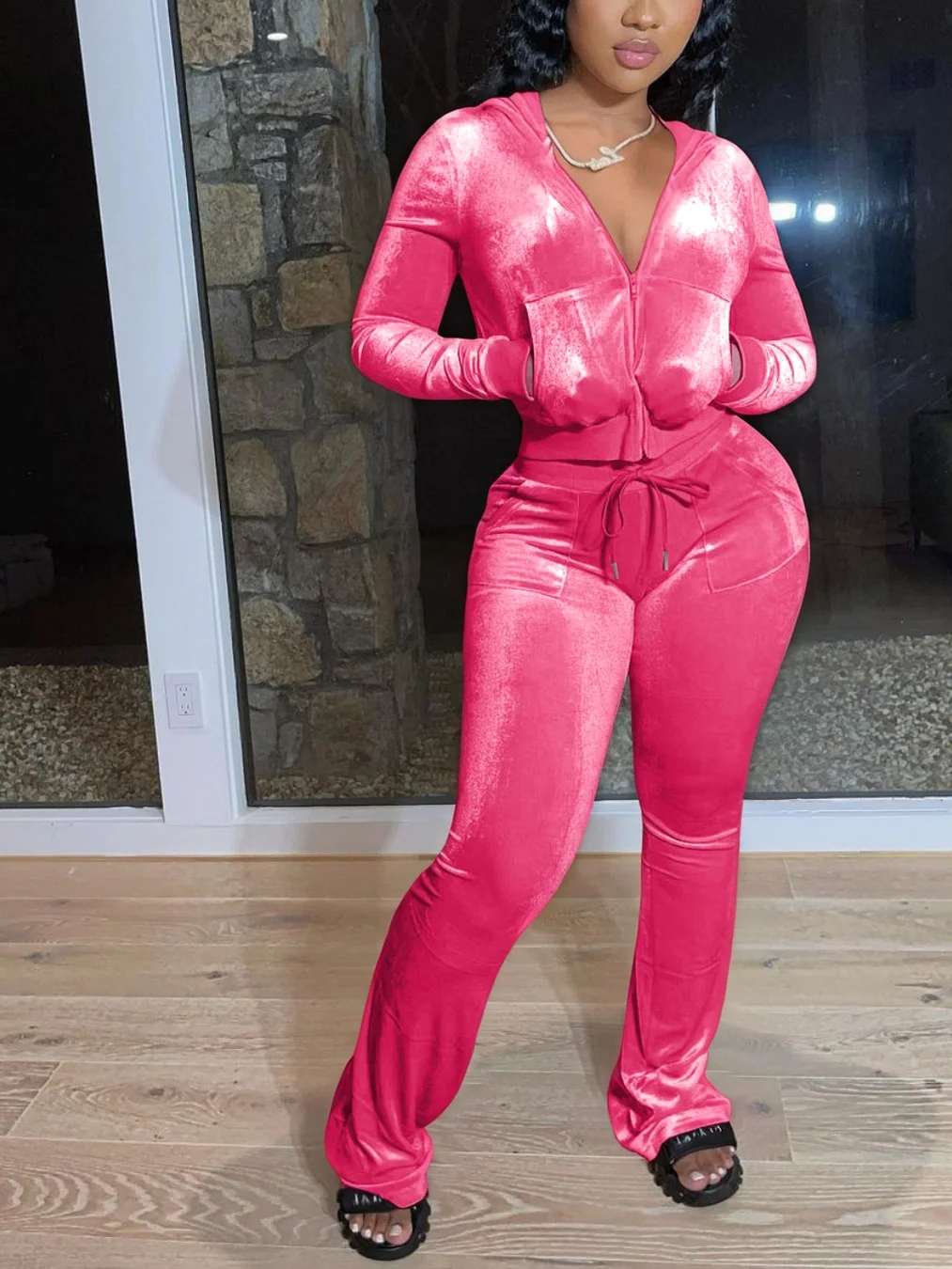 Women Plain Split Joint Two-Piece Set Daily Long Sleeve Casual Spring/Fall Top With Pants Matching Set