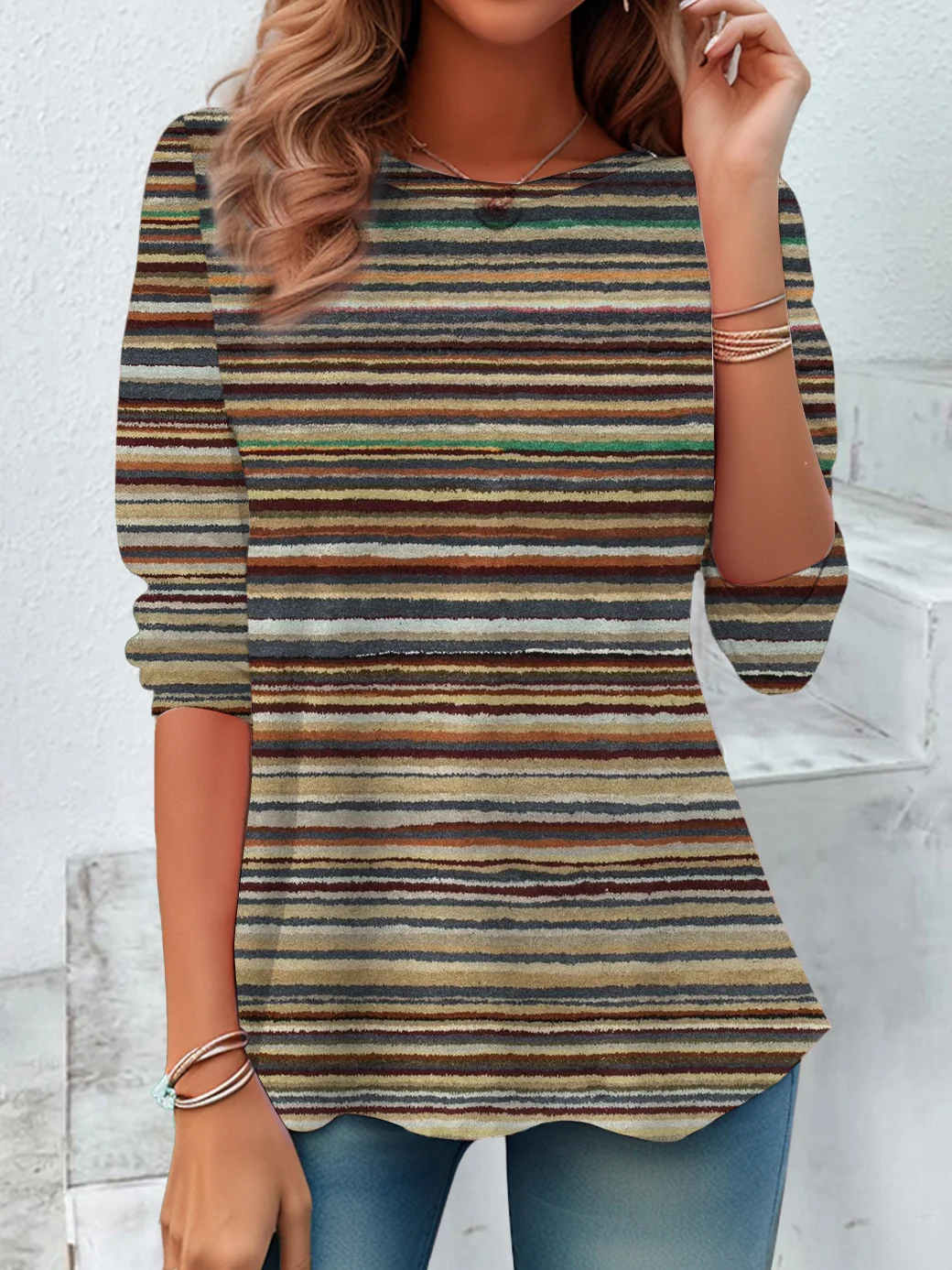 Women Striped Long Sleeve Tee T-shirt Crew Neck Casual Spring/Fall Tunic Top