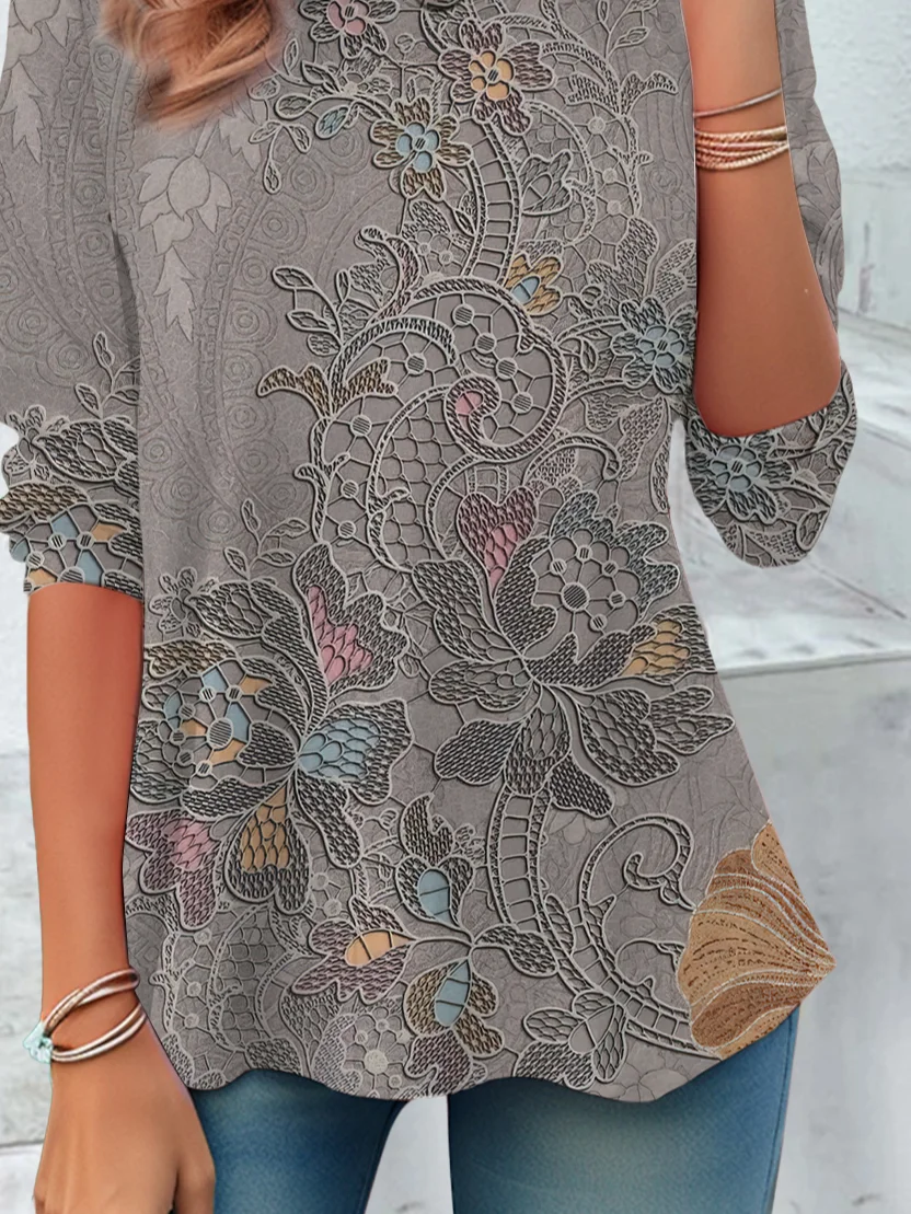 Women Floral Long Sleeve Tee T-shirt Crew Neck Casual Spring/Fall Tunic Top