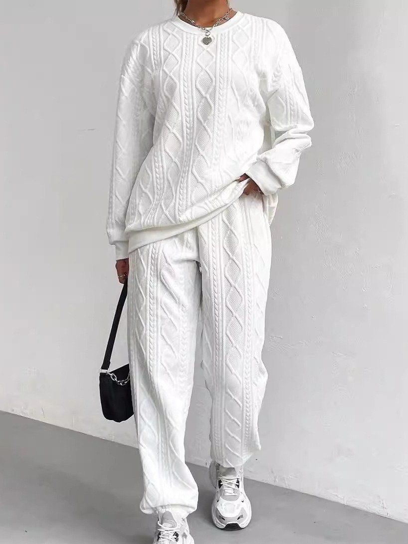 Women Plain Embossed Two-Piece Set Daily Long Sleeve Casual Spring/Fall Top With Pants Matching Set
