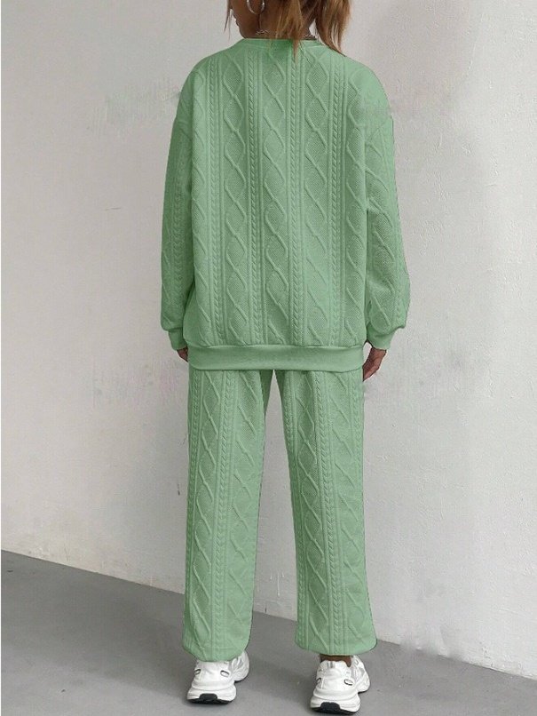 Women Plain Embossed Two-Piece Set Daily Long Sleeve Casual Spring/Fall Top With Pants Matching Set