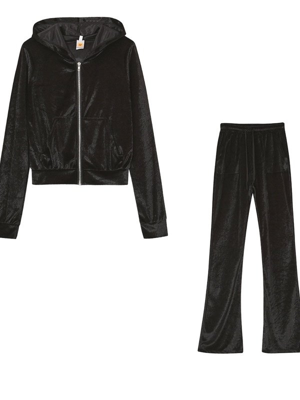 Women Plain Split Joint Two-Piece Set Daily Long Sleeve Casual Spring/Fall Top With Pants Matching Set