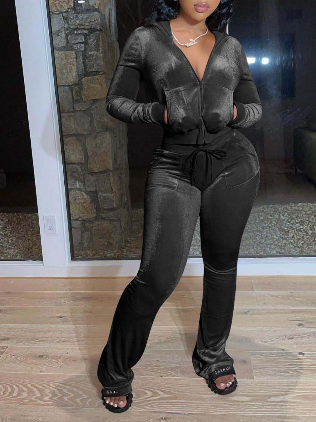Women Plain Split Joint Two-Piece Set Daily Long Sleeve Casual Spring/Fall Top With Pants Matching Set