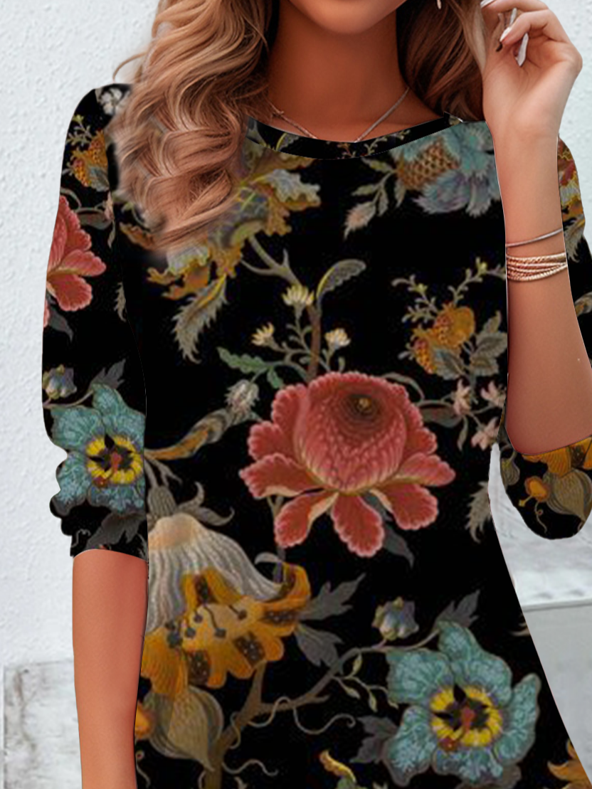 Women Floral Long Sleeve Tee T-shirt Crew Neck Casual Spring/Fall Tunic Top