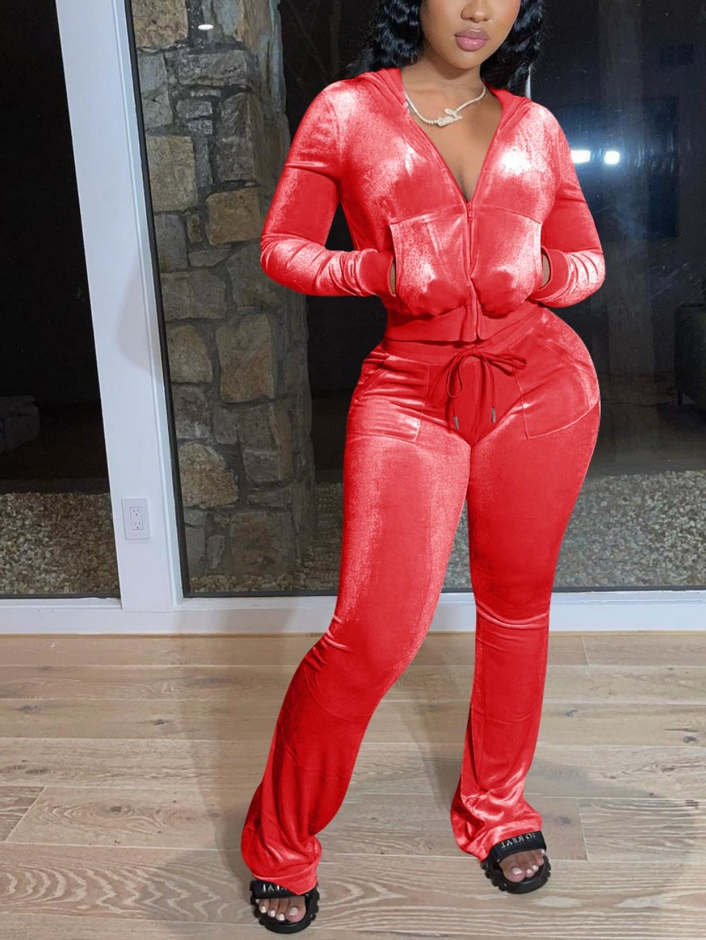 Women Plain Split Joint Two-Piece Set Daily Long Sleeve Casual Spring/Fall Top With Pants Matching Set
