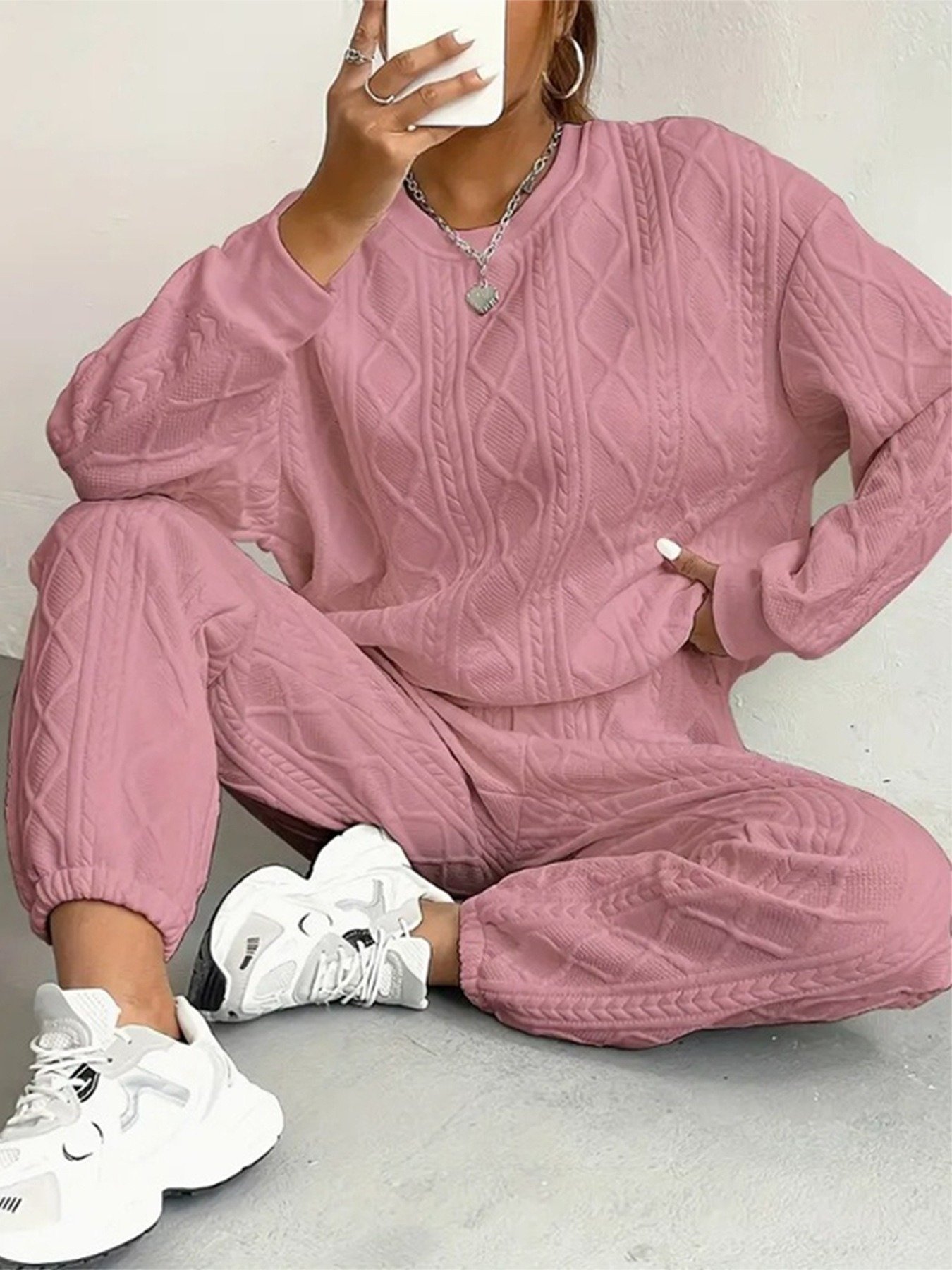 Women Plain Embossed Two-Piece Set Daily Long Sleeve Casual Spring/Fall Top With Pants Matching Set