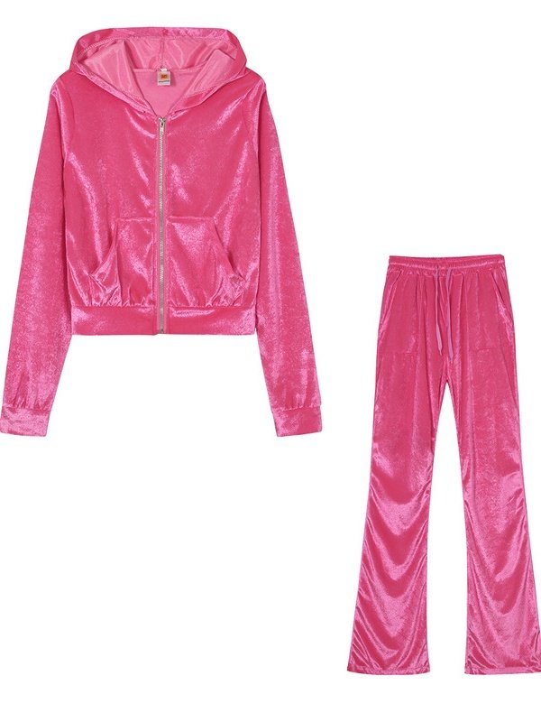 Women Plain Split Joint Two-Piece Set Daily Long Sleeve Casual Spring/Fall Top With Pants Matching Set