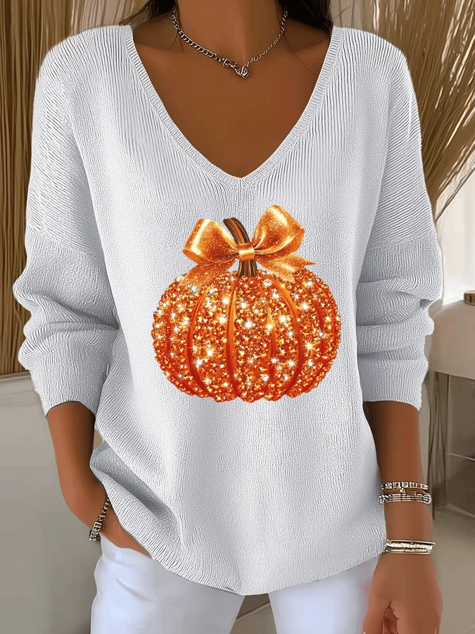 Women Halloween (pumpkin) Long Sleeve Tee T-shirt V Neck Printing Casual Spring/Fall Top