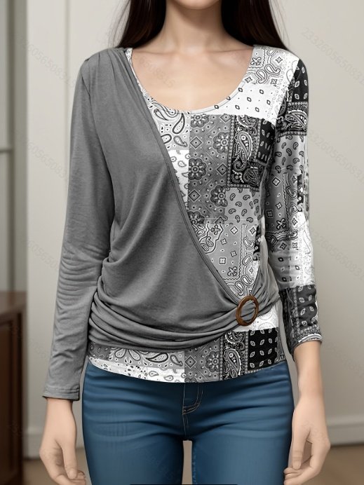 Women Geometric Long Sleeve Tee T-shirt Crew Neck Printing Vintage Spring/Fall Top