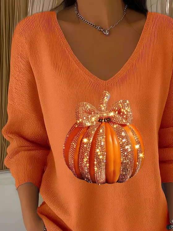 Women Halloween (pumpkin) Long Sleeve Tee T-shirt V Neck Printing Casual Spring/Fall Top