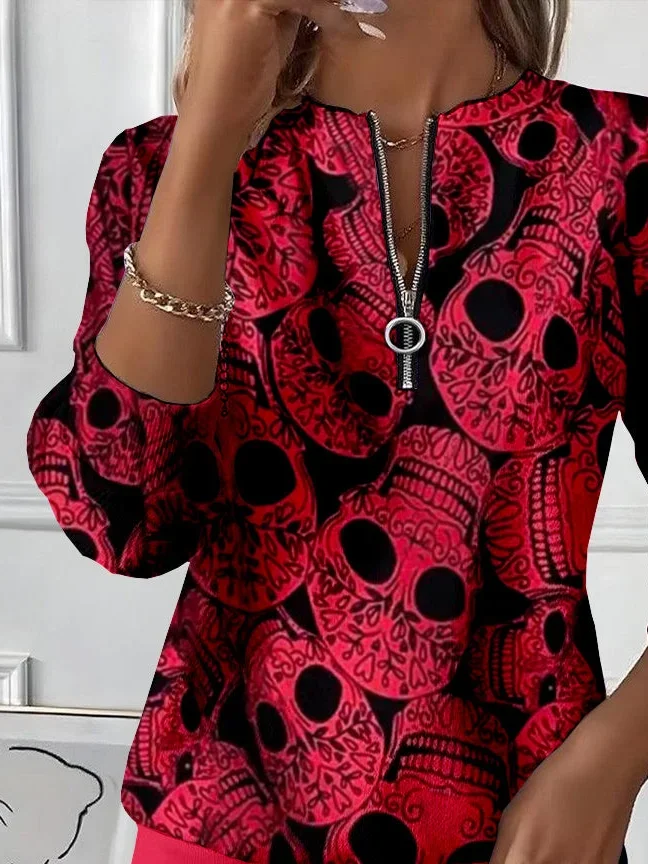 Women Skull Crew Neck Printing Casual Spring/Fall Long Sleeve Sweatshirt