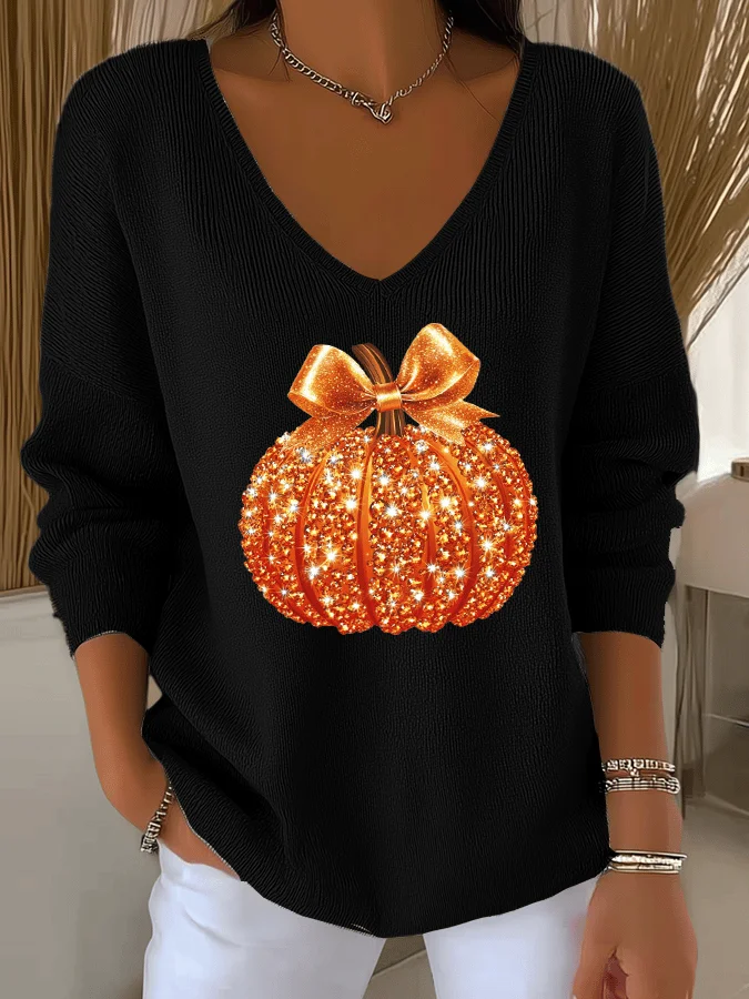 Women Halloween (pumpkin) Long Sleeve Tee T-shirt V Neck Printing Casual Spring/Fall Top