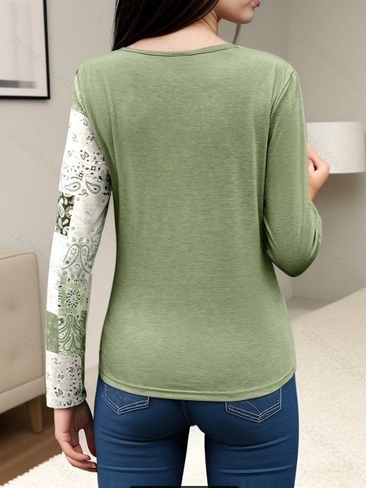 Women Geometric Long Sleeve Tee T-shirt Crew Neck Printing Vintage Spring/Fall Top