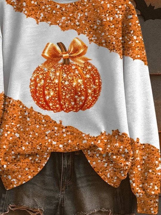 Women Halloween (pumpkin) Crew Neck Printing Casual Spring/Fall Long Sleeve Sweatshirt