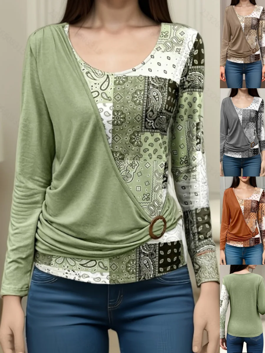 Women Geometric Long Sleeve Tee T-shirt Crew Neck Printing Vintage Spring/Fall Top
