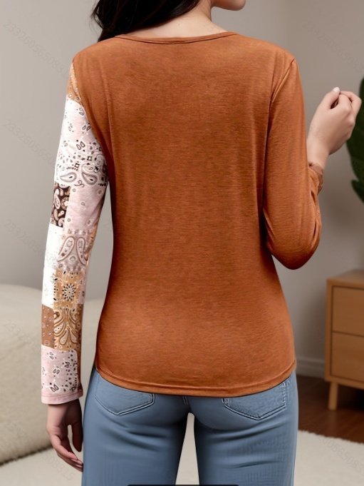 Women Geometric Long Sleeve Tee T-shirt Crew Neck Printing Vintage Spring/Fall Top
