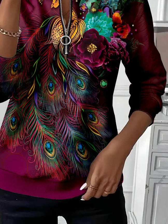 Women Floral Crew Neck Printing Casual Spring/Fall Long Sleeve Sweatshirt