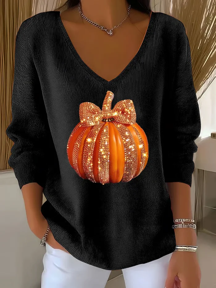 Women Halloween (pumpkin) Long Sleeve Tee T-shirt V Neck Printing Casual Spring/Fall Top
