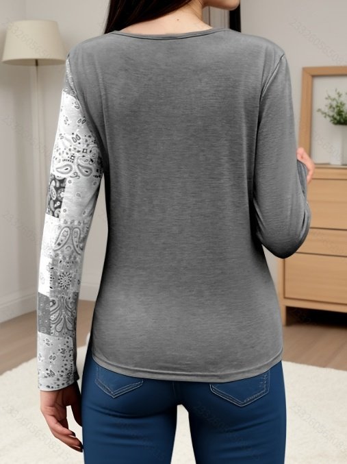 Women Geometric Long Sleeve Tee T-shirt Crew Neck Printing Vintage Spring/Fall Top