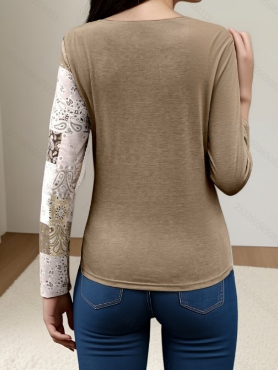 Women Geometric Long Sleeve Tee T-shirt Crew Neck Printing Vintage Spring/Fall Top