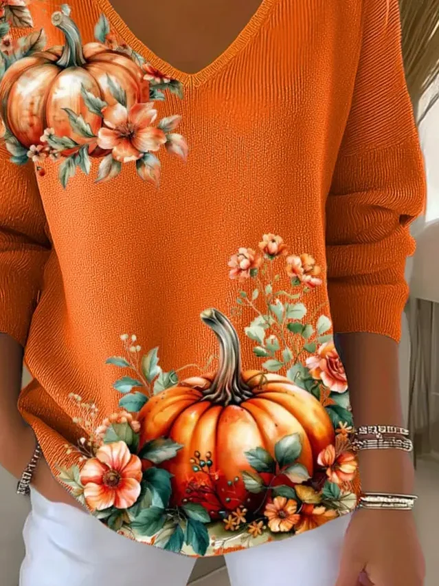 Women Floral Long Sleeve Tee T-shirt V Neck Printing Casual Spring/Fall Top