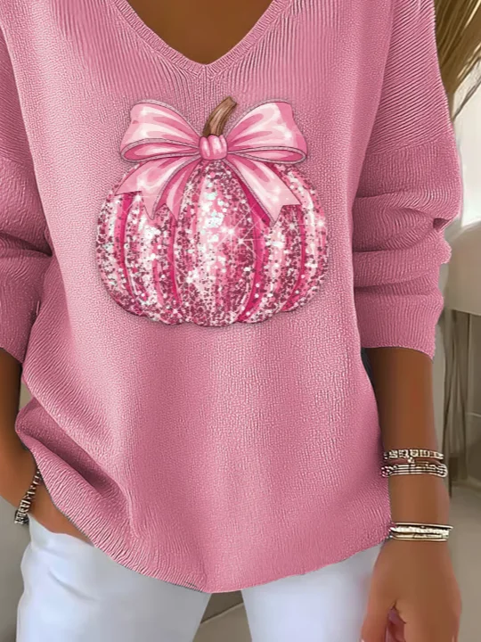 Women Halloween (pumpkin) Long Sleeve Tee T-shirt V Neck Printing Casual Spring/Fall Top