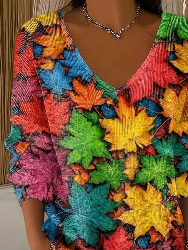 Women Maple Leaf Long Sleeve Tee T-shirt V Neck Printing Casual Spring/Fall Top