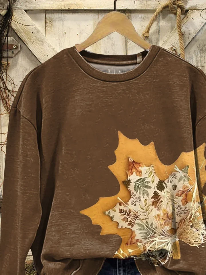 Women Maple Leaf Crew Neck Printing Casual Spring/Fall Long Sleeve Sweatshirt