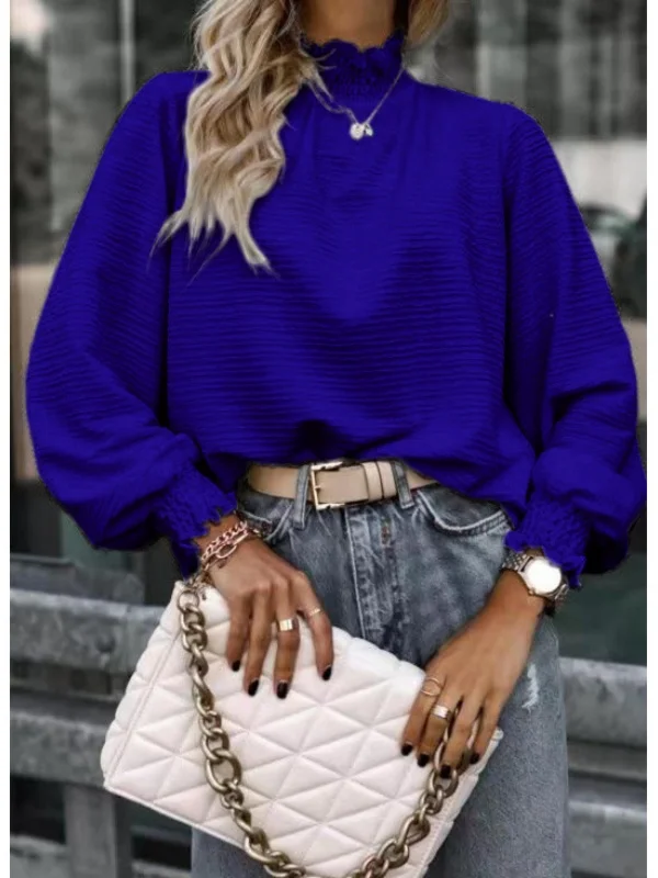 Women Geometric Long Sleeve Tee T-shirt Stand Collar Gathered Vintage Spring/Fall Top