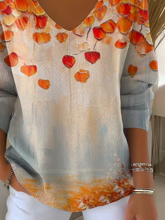 Women Maple Leaf Long Sleeve Tee T-shirt V Neck Printing Casual Spring/Fall Top